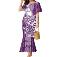 Tonga Kupesi Ngatu Family Matching Mermaid Dress and Hawaiian Shirt Vintage Purple Plumeria LT05 Mom's Dress Purple - Polynesian Pride