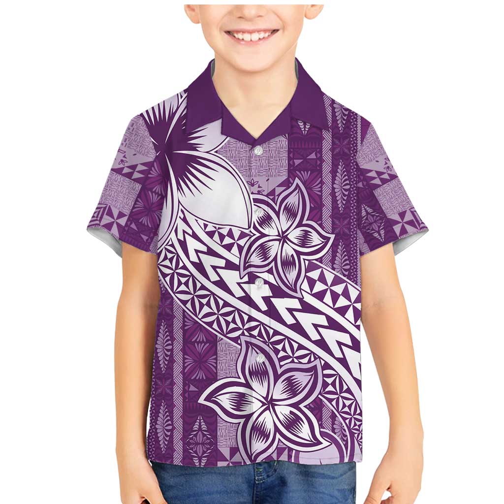 Tonga Kupesi Ngatu Family Matching Mermaid Dress and Hawaiian Shirt Vintage Purple Plumeria LT05 Son's Shirt Purple - Polynesian Pride