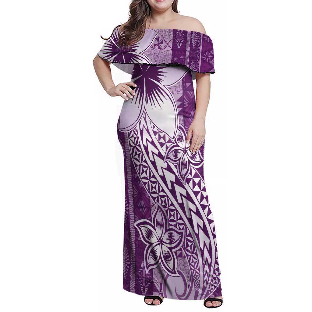 Tonga Kupesi Ngatu Family Matching Off Shoulder Maxi Dress and Hawaiian Shirt Vintage Purple Plumeria LT05 Mom's Dress Purple - Polynesian Pride