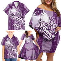 Tonga Kupesi Ngatu Family Matching Off Shoulder Short Dress and Hawaiian Shirt Vintage Purple Plumeria LT05 - Polynesian Pride