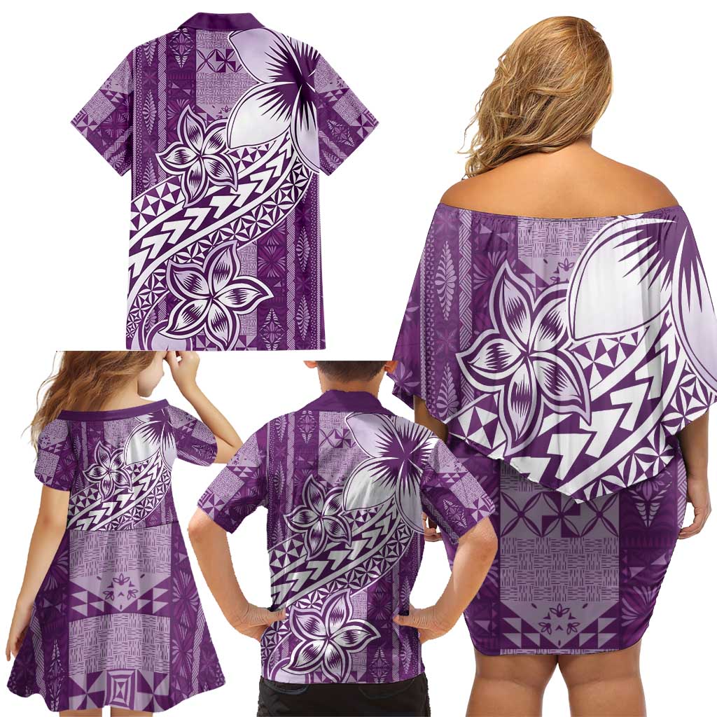 Tonga Kupesi Ngatu Family Matching Off Shoulder Short Dress and Hawaiian Shirt Vintage Purple Plumeria LT05 - Polynesian Pride