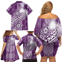 Tonga Kupesi Ngatu Family Matching Off Shoulder Short Dress and Hawaiian Shirt Vintage Purple Plumeria LT05 - Polynesian Pride