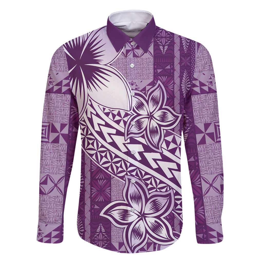 Tonga Kupesi Ngatu Family Matching Off Shoulder Short Dress and Hawaiian Shirt Vintage Purple Plumeria LT05 Dad's Shirt - Long Sleeve Purple - Polynesian Pride