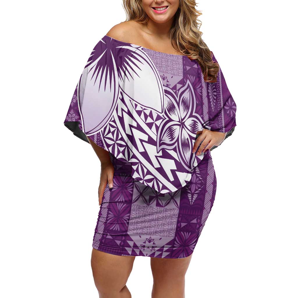 Tonga Kupesi Ngatu Family Matching Off Shoulder Short Dress and Hawaiian Shirt Vintage Purple Plumeria LT05 Mom's Dress Purple - Polynesian Pride