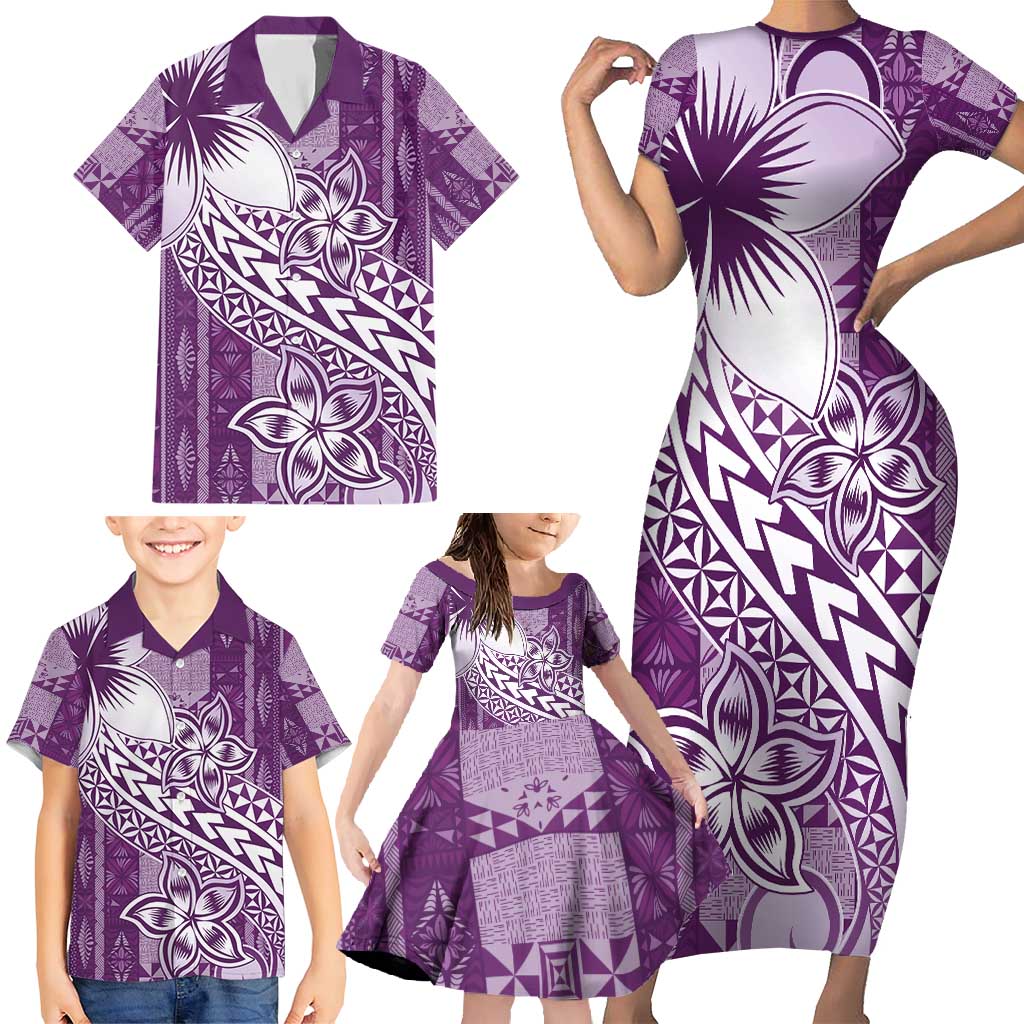 Tonga Kupesi Ngatu Family Matching Short Sleeve Bodycon Dress and Hawaiian Shirt Vintage Purple Plumeria LT05 - Polynesian Pride