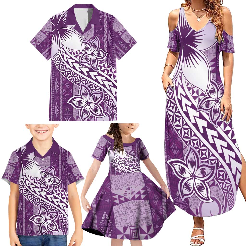 Tonga Kupesi Ngatu Family Matching Summer Maxi Dress and Hawaiian Shirt Vintage Purple Plumeria LT05 - Polynesian Pride