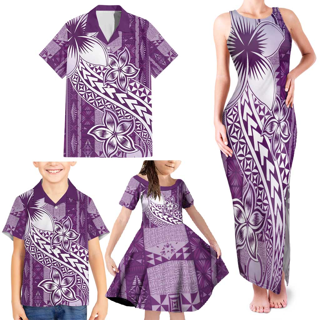 Tonga Kupesi Ngatu Family Matching Tank Maxi Dress and Hawaiian Shirt Vintage Purple Plumeria LT05 - Polynesian Pride
