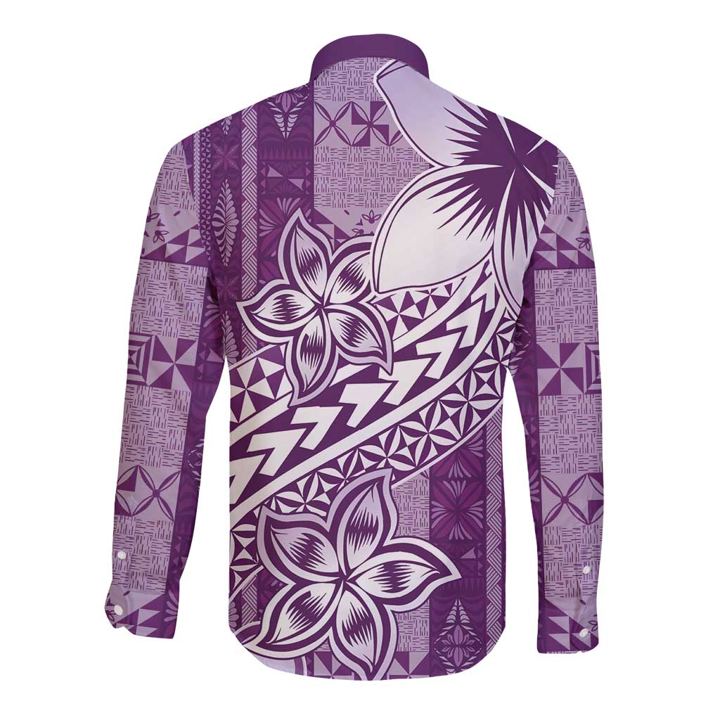 Tonga Kupesi Ngatu Long Sleeve Button Shirt Vintage Purple Plumeria LT05 - Polynesian Pride