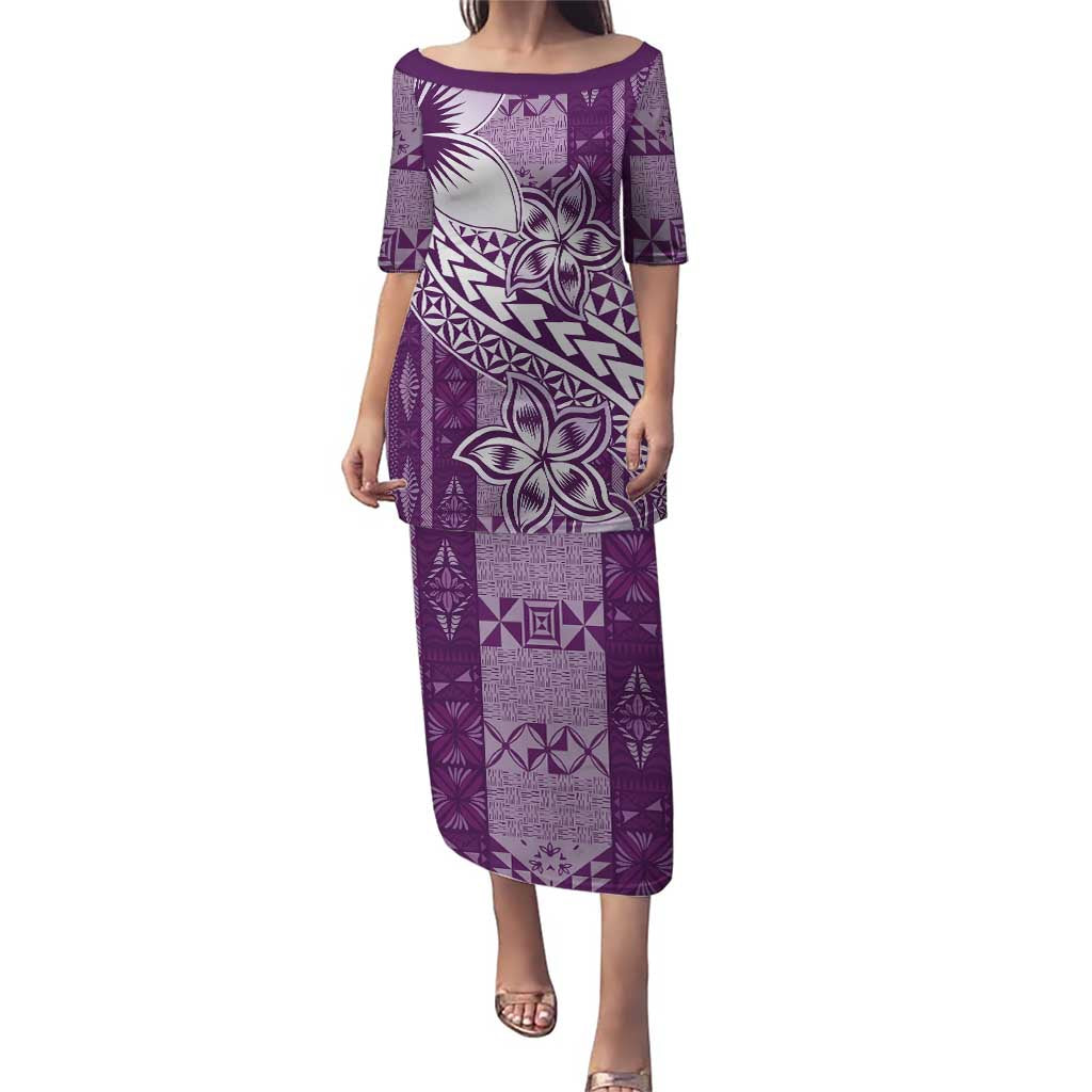 Tonga Kupesi Ngatu Puletasi Vintage Purple Plumeria LT05 Long Dress Purple - Polynesian Pride