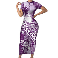 Tonga Kupesi Ngatu Short Sleeve Bodycon Dress Vintage Purple Plumeria LT05 Long Dress Purple - Polynesian Pride