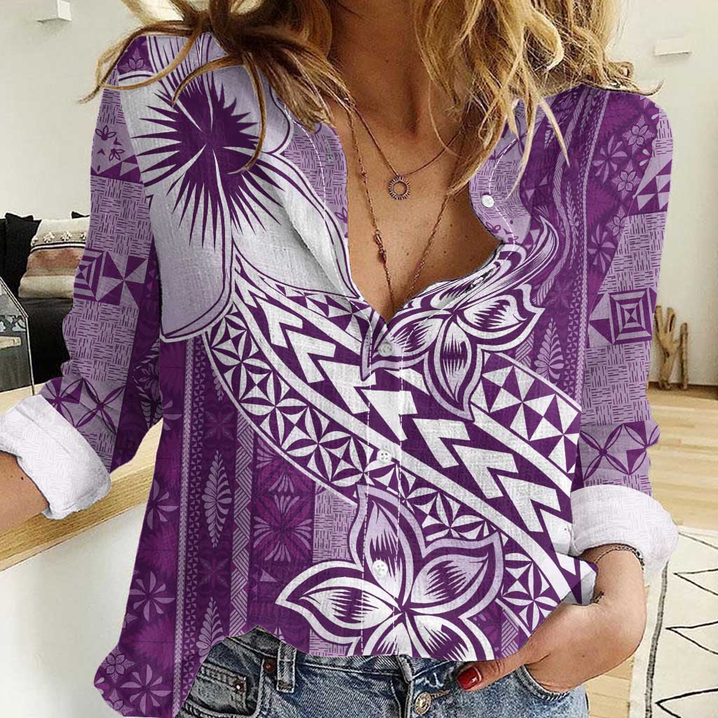 Tonga Kupesi Ngatu Women Casual Shirt Vintage Purple Plumeria LT05 Female Purple - Polynesian Pride