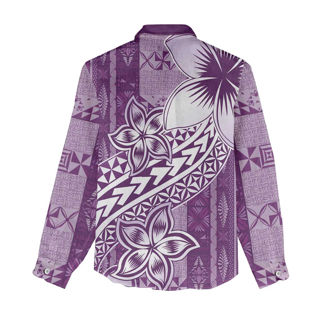 Tonga Kupesi Ngatu Women Casual Shirt Vintage Purple Plumeria LT05 - Polynesian Pride