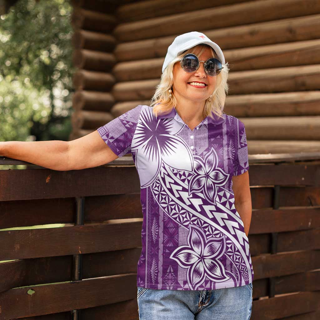 Tonga Kupesi Ngatu Women Polo Shirt Vintage Purple Plumeria LT05 - Polynesian Pride