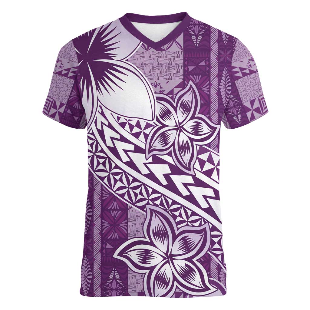 Tonga Kupesi Ngatu Women V-Neck T-Shirt Vintage Purple Plumeria LT05 Female Purple - Polynesian Pride