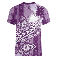 Tonga Kupesi Ngatu Women V-Neck T-Shirt Vintage Purple Plumeria LT05 - Polynesian Pride