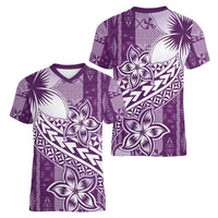 Tonga Kupesi Ngatu Women V-Neck T-Shirt Vintage Purple Plumeria LT05 - Polynesian Pride