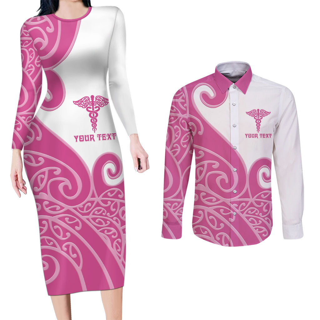 Personalised New Zealand Nurse Couples Matching Long Sleeve Bodycon Dress and Long Sleeve Button Shirt Maori Koru Pink Version LT05 Pink - Polynesian Pride