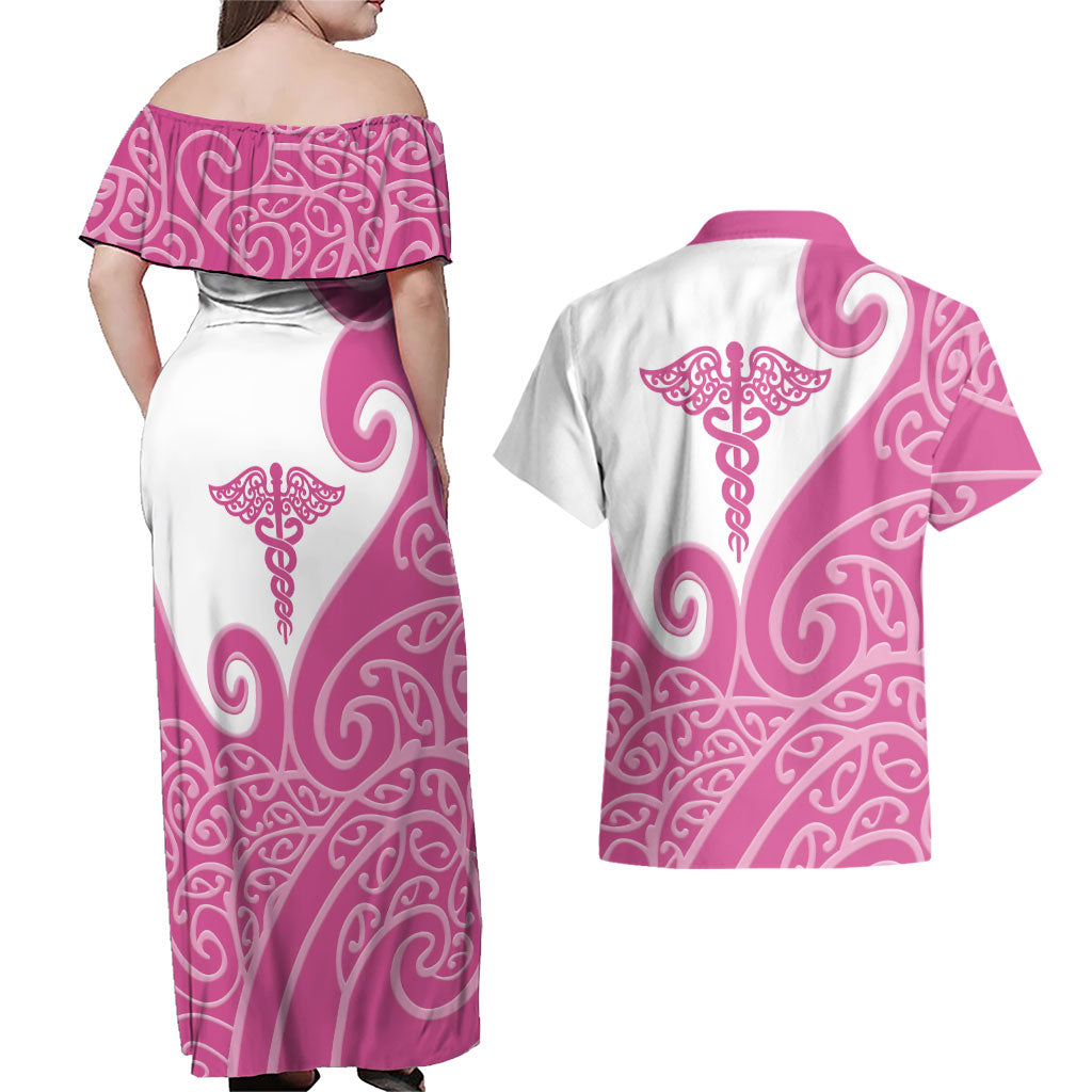 Personalised New Zealand Nurse Couples Matching Off Shoulder Maxi Dress and Hawaiian Shirt Maori Koru Pink Version LT05 - Polynesian Pride