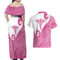 Personalised New Zealand Nurse Couples Matching Off Shoulder Maxi Dress and Hawaiian Shirt Maori Koru Pink Version LT05 - Polynesian Pride