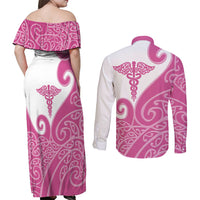 Personalised New Zealand Nurse Couples Matching Off Shoulder Maxi Dress and Long Sleeve Button Shirt Maori Koru Pink Version LT05 - Polynesian Pride