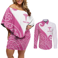 Personalised New Zealand Nurse Couples Matching Off Shoulder Short Dress and Long Sleeve Button Shirt Maori Koru Pink Version LT05 Pink - Polynesian Pride