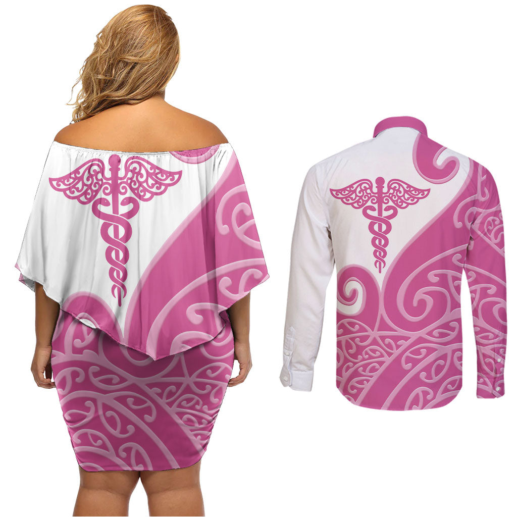 Personalised New Zealand Nurse Couples Matching Off Shoulder Short Dress and Long Sleeve Button Shirt Maori Koru Pink Version LT05 - Polynesian Pride