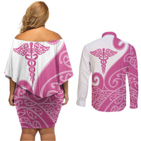 Personalised New Zealand Nurse Couples Matching Off Shoulder Short Dress and Long Sleeve Button Shirt Maori Koru Pink Version LT05 - Polynesian Pride
