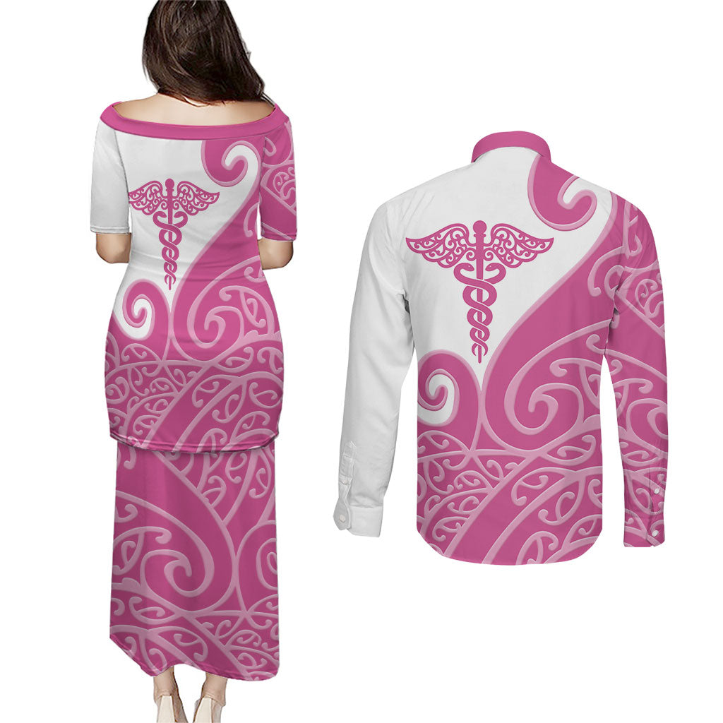 Personalised New Zealand Nurse Couples Matching Puletasi and Long Sleeve Button Shirt Maori Koru Pink Version LT05 - Polynesian Pride
