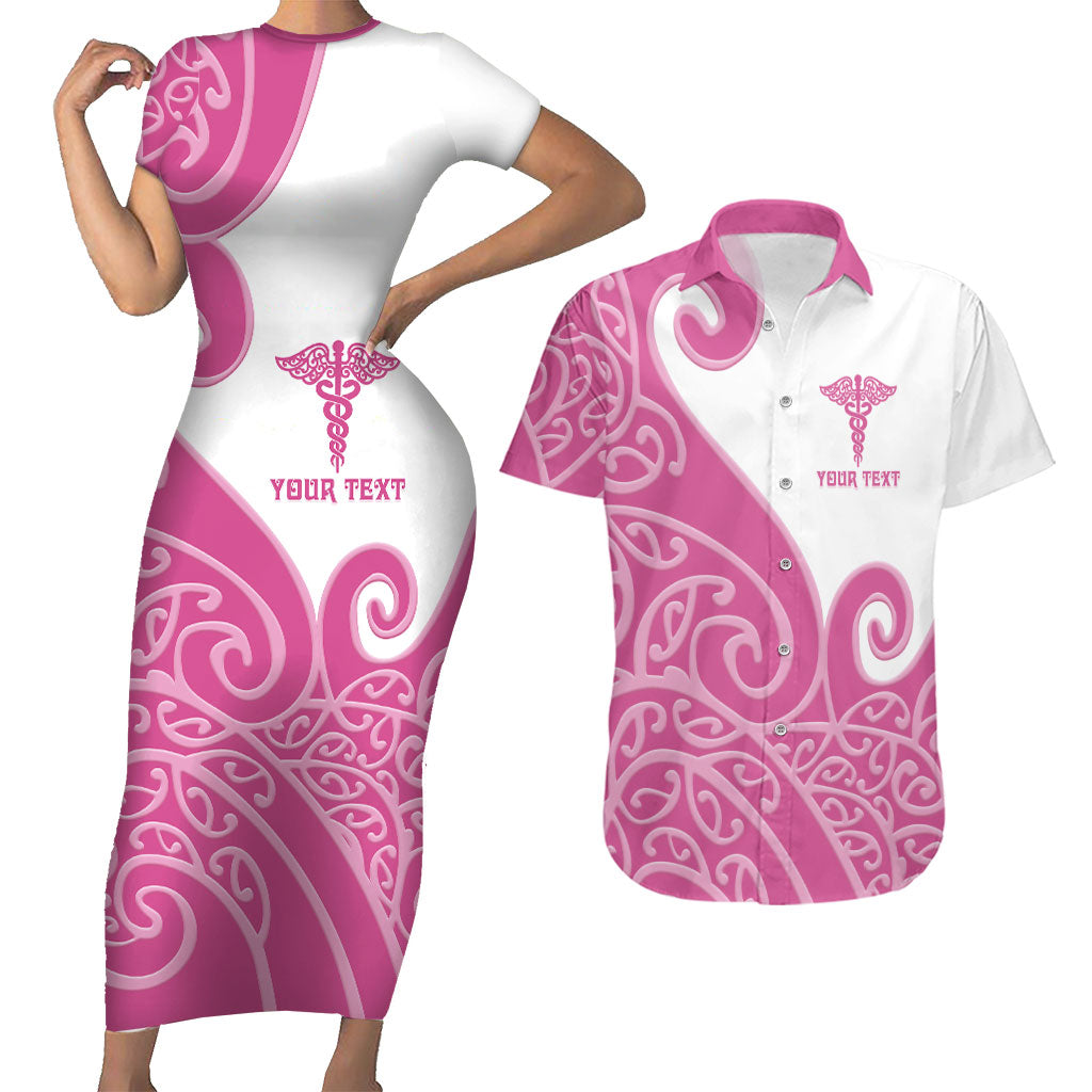 Personalised New Zealand Nurse Couples Matching Short Sleeve Bodycon Dress and Hawaiian Shirt Maori Koru Pink Version LT05 Pink - Polynesian Pride