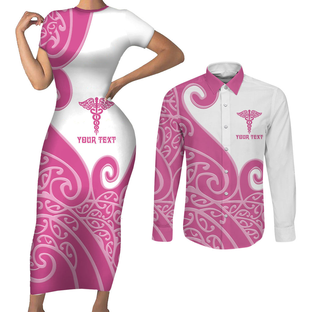 Personalised New Zealand Nurse Couples Matching Short Sleeve Bodycon Dress and Long Sleeve Button Shirt Maori Koru Pink Version