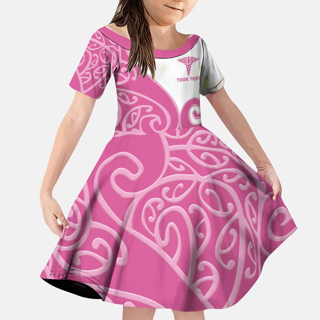 Personalised New Zealand Nurse Family Matching Mermaid Dress and Hawaiian Shirt Maori Koru Pink Version LT05 Daughter's Dress Pink - Polynesian Pride