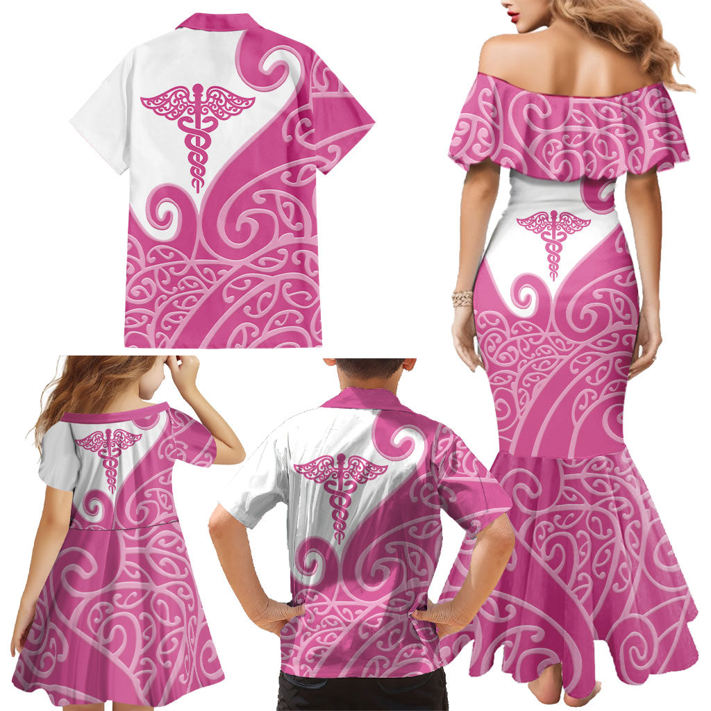 Personalised New Zealand Nurse Family Matching Mermaid Dress and Hawaiian Shirt Maori Koru Pink Version LT05 - Polynesian Pride