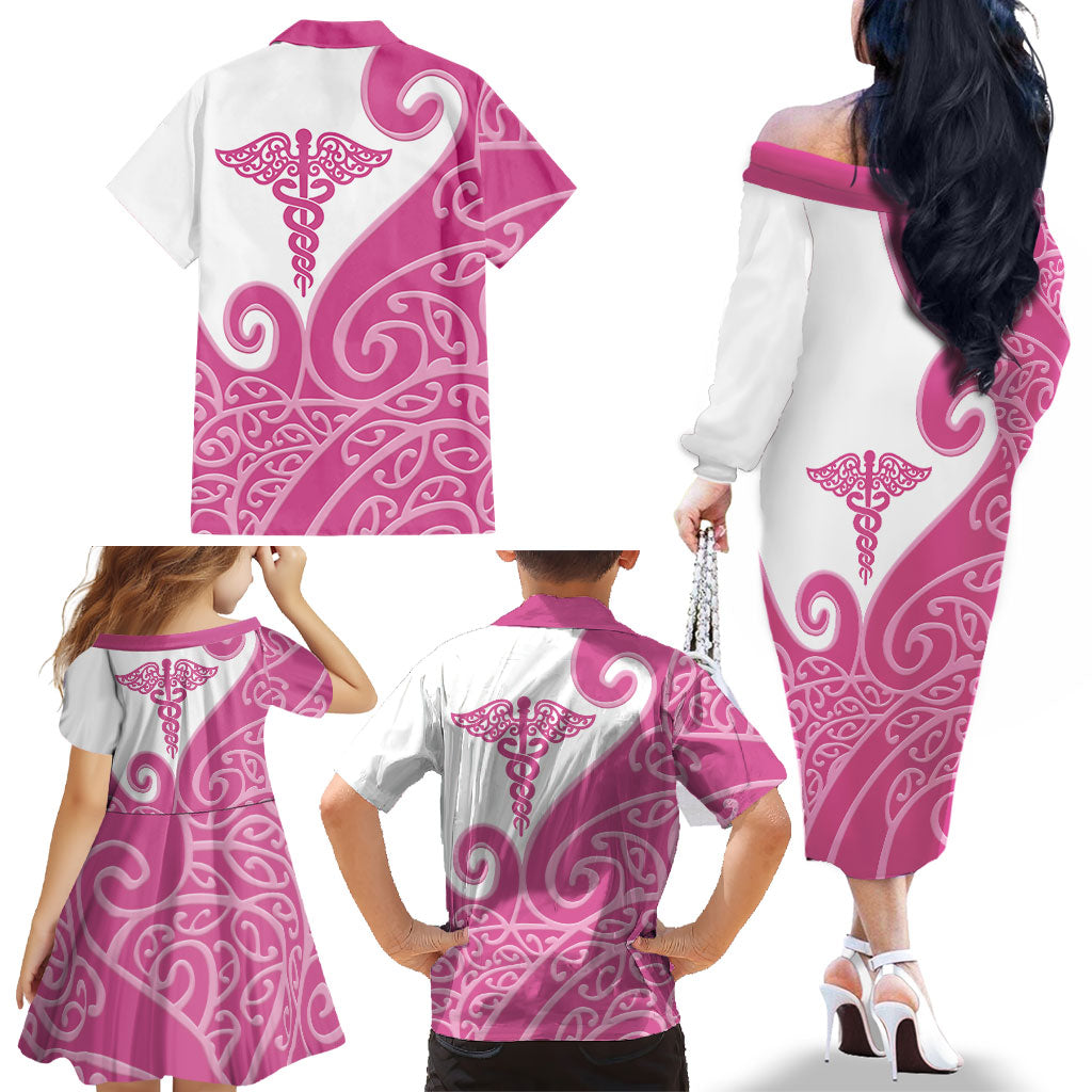 Personalised New Zealand Nurse Family Matching Off The Shoulder Long Sleeve Dress and Hawaiian Shirt Maori Koru Pink Version LT05 - Polynesian Pride