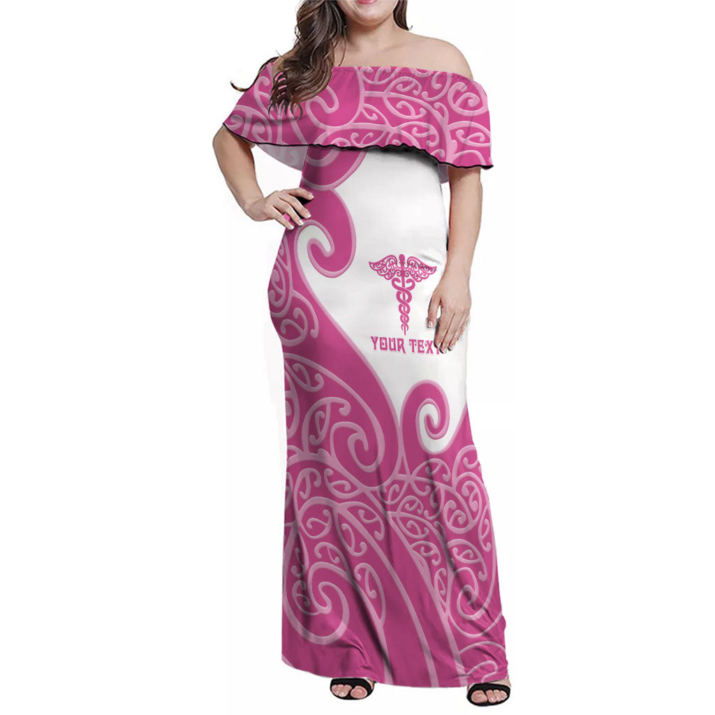 Personalised New Zealand Nurse Family Matching Off Shoulder Maxi Dress and Hawaiian Shirt Maori Koru Pink Version LT05 Mom's Dress Pink - Polynesian Pride