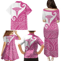 Personalised New Zealand Nurse Family Matching Puletasi and Hawaiian Shirt Maori Koru Pink Version LT05 - Polynesian Pride