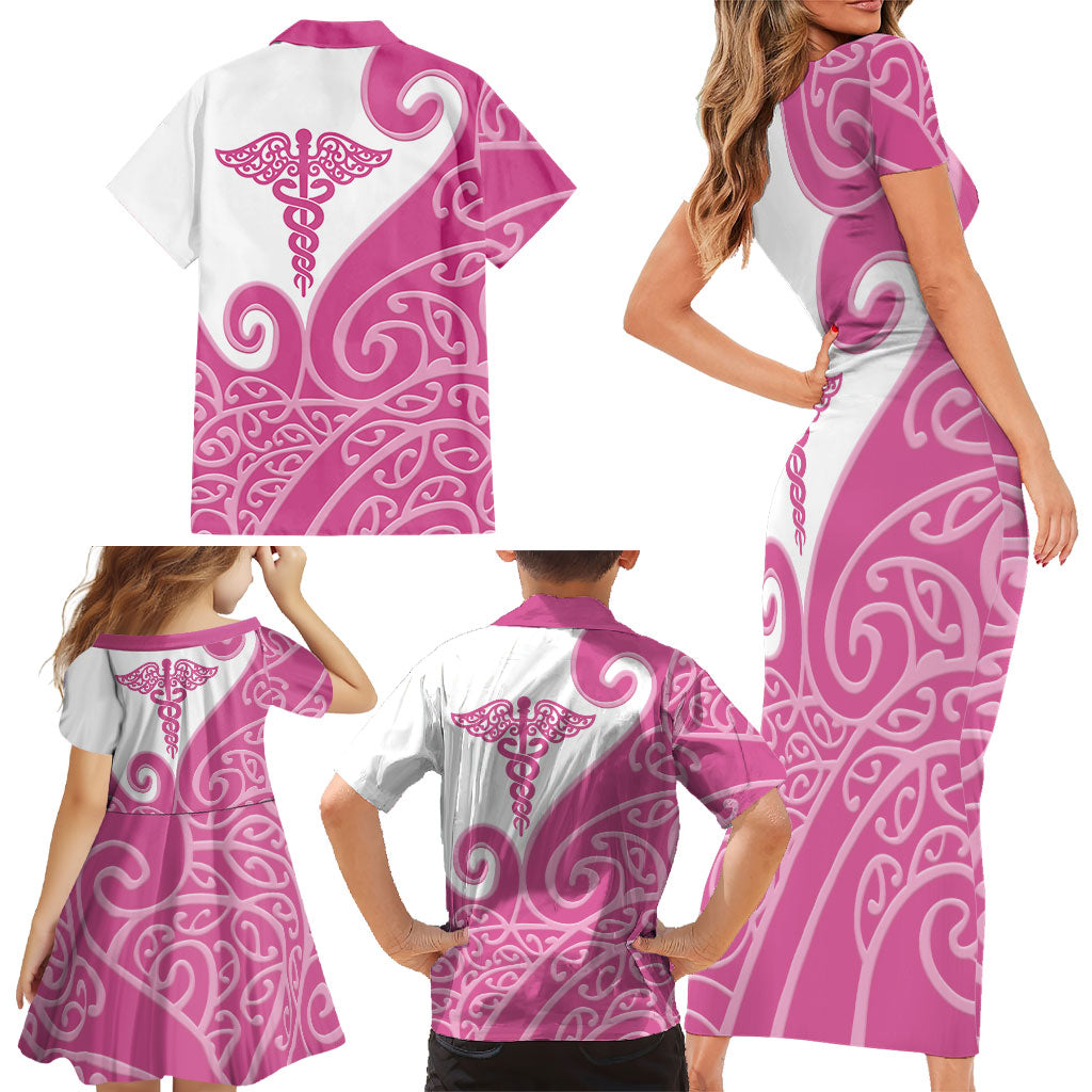 Personalised New Zealand Nurse Family Matching Short Sleeve Bodycon Dress and Hawaiian Shirt Maori Koru Pink Version LT05 - Polynesian Pride