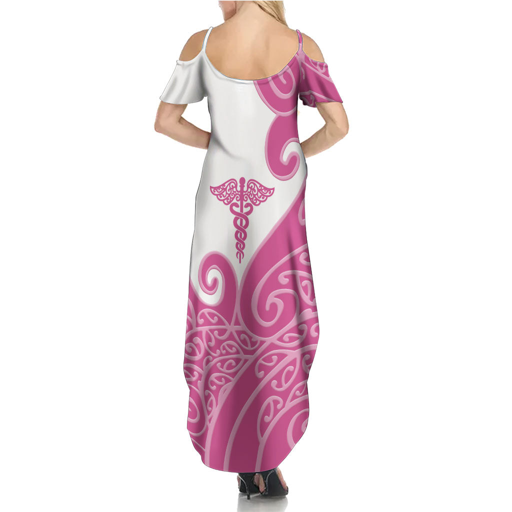 Personalised New Zealand Nurse Family Matching Summer Maxi Dress and Hawaiian Shirt Maori Koru Pink Version LT05 - Polynesian Pride