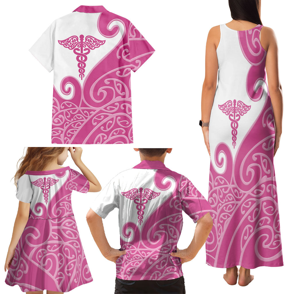 Personalised New Zealand Nurse Family Matching Tank Maxi Dress and Hawaiian Shirt Maori Koru Pink Version LT05 - Polynesian Pride