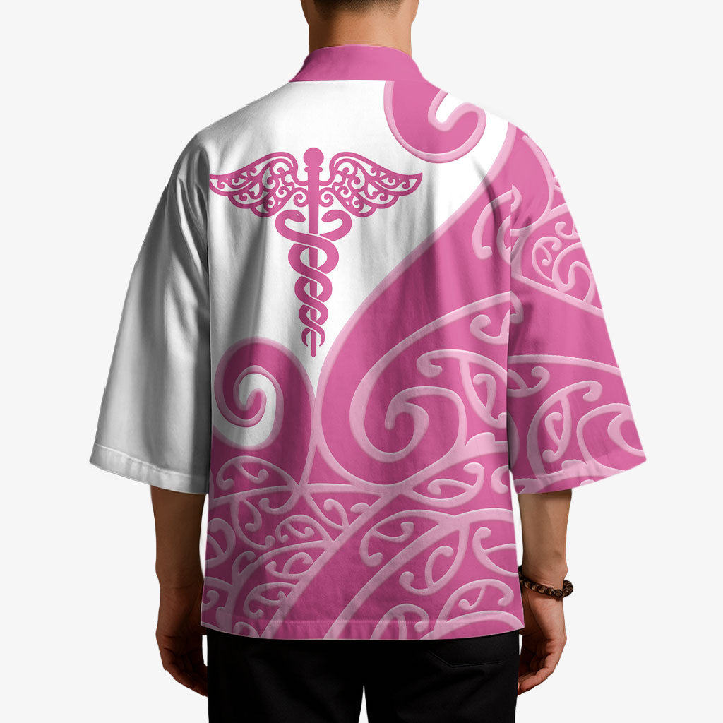 Personalised New Zealand Nurse Kimono Maori Koru Pink Version