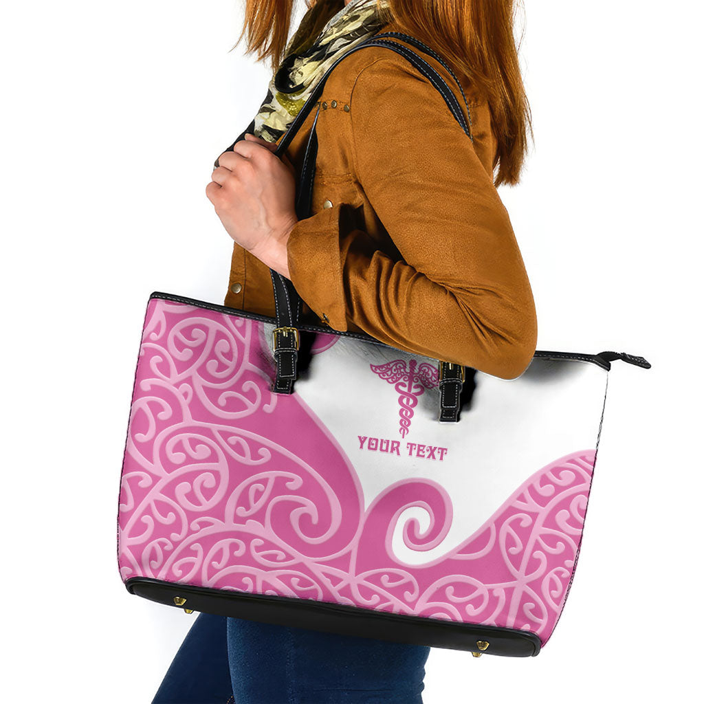 Personalised New Zealand Nurse Leather Tote Bag Maori Koru Pink Version LT05 Pink - Polynesian Pride