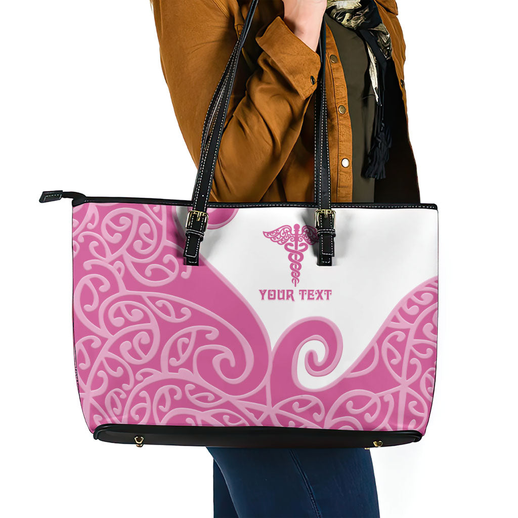 Personalised New Zealand Nurse Leather Tote Bag Maori Koru Pink Version LT05 - Polynesian Pride