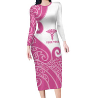 Personalised New Zealand Nurse Long Sleeve Bodycon Dress Maori Koru Pink Version LT05 Long Dress Pink - Polynesian Pride