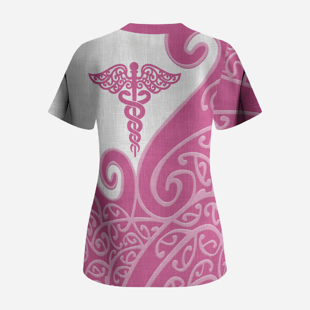 Personalised New Zealand Nurse Scrub Top Maori Koru Pink Version