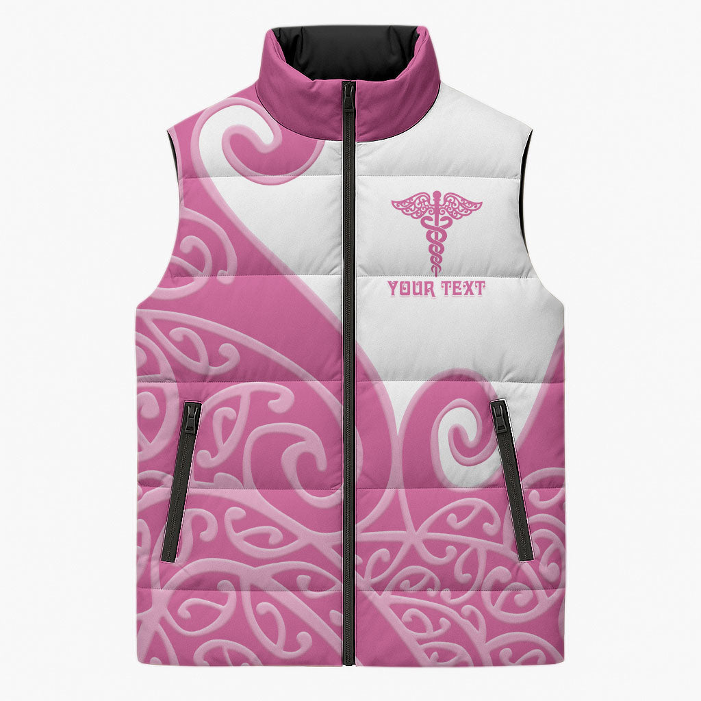 Personalised New Zealand Nurse Sleeveless Puffer Jacket Maori Koru Pink Version
