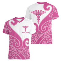 Personalised New Zealand Nurse Women V-Neck T-Shirt Maori Koru Pink Version LT05 - Polynesian Pride