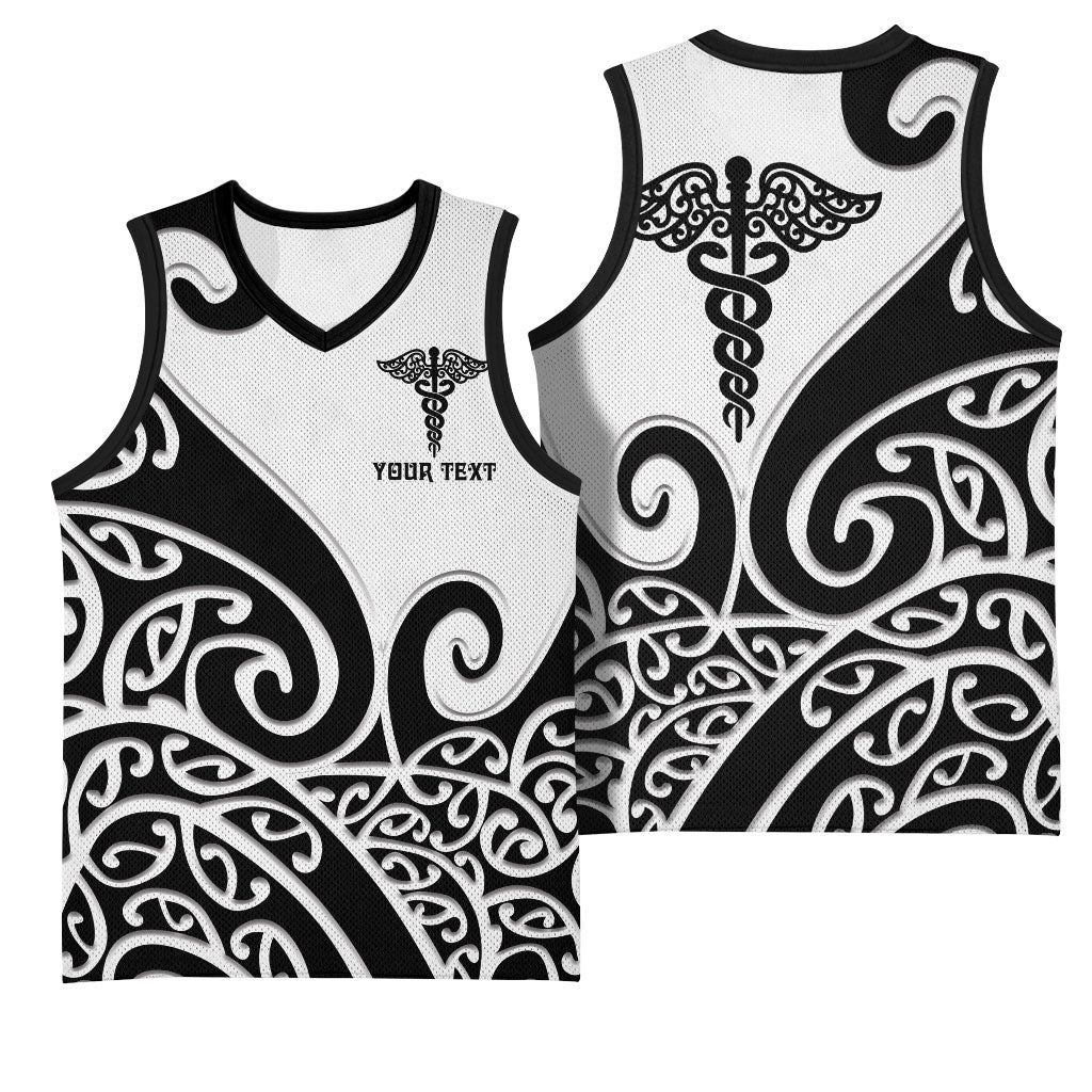Personalised New Zealand Nurse Basketball Jersey Maori Koru Black Version