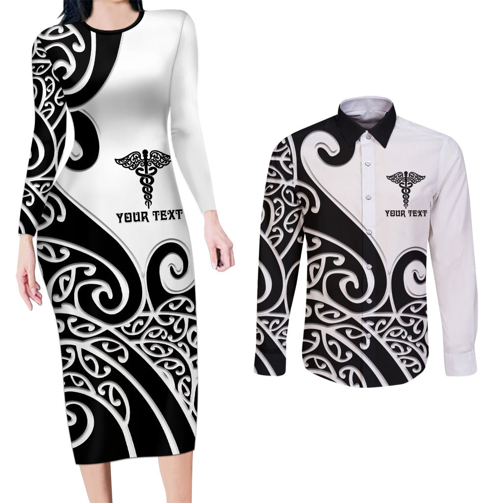 Personalised New Zealand Nurse Couples Matching Long Sleeve Bodycon Dress and Long Sleeve Button Shirt Maori Koru Black Version LT05 Black - Polynesian Pride