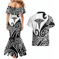 Personalised New Zealand Nurse Couples Matching Mermaid Dress and Hawaiian Shirt Maori Koru Black Version LT05 - Polynesian Pride