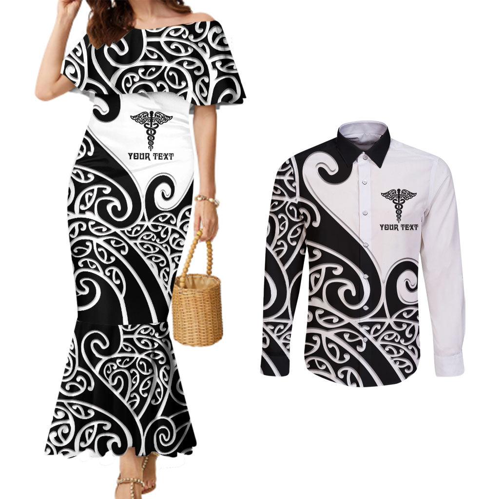 Personalised New Zealand Nurse Couples Matching Mermaid Dress and Long Sleeve Button Shirt Maori Koru Black Version LT05 Black - Polynesian Pride