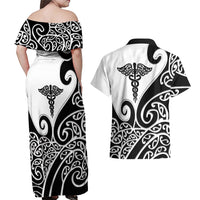 Personalised New Zealand Nurse Couples Matching Off Shoulder Maxi Dress and Hawaiian Shirt Maori Koru Black Version LT05 - Polynesian Pride